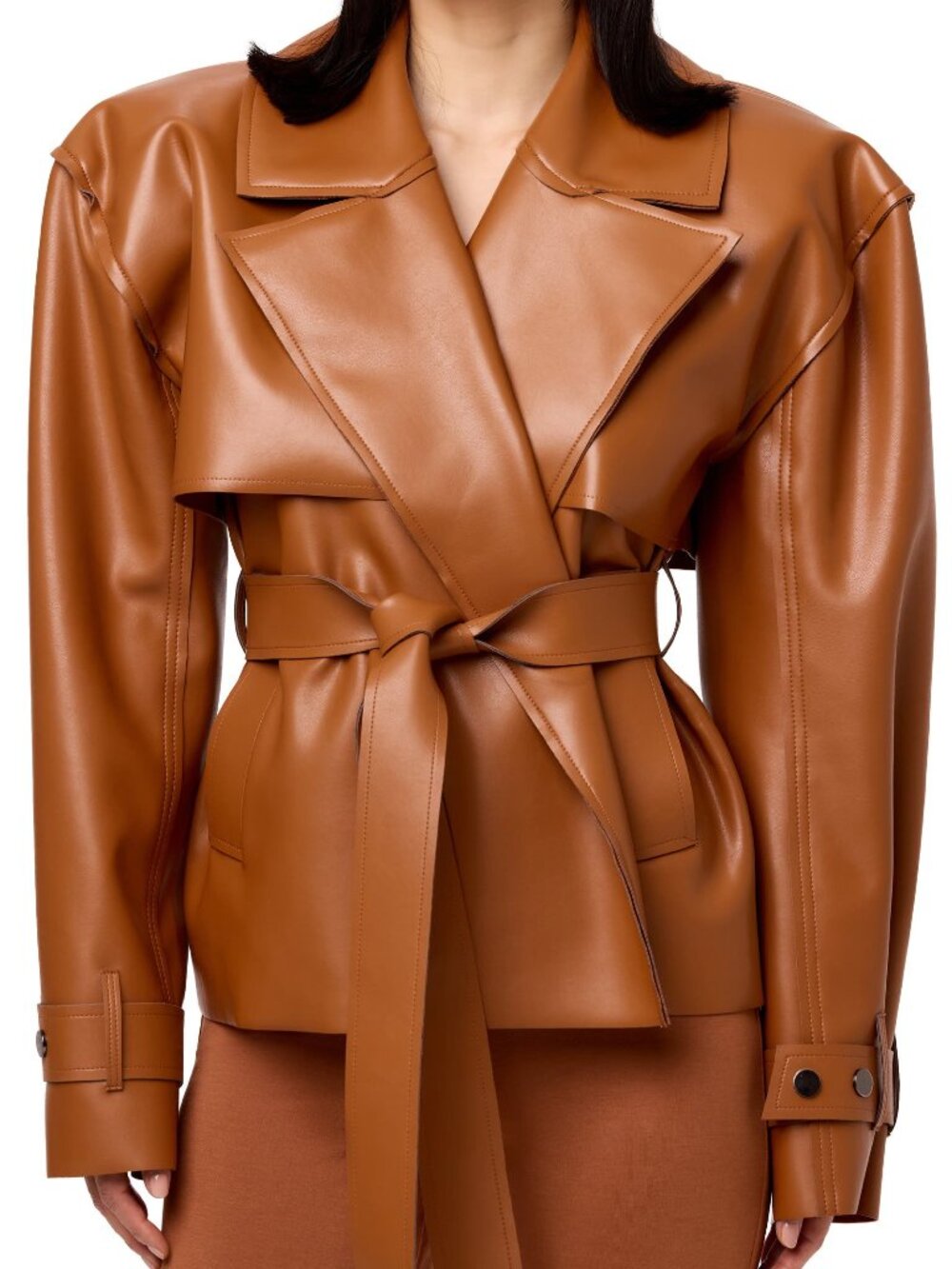 NWT NAKED WARDROBE faux leather crop trench coat camel size S (no belt)